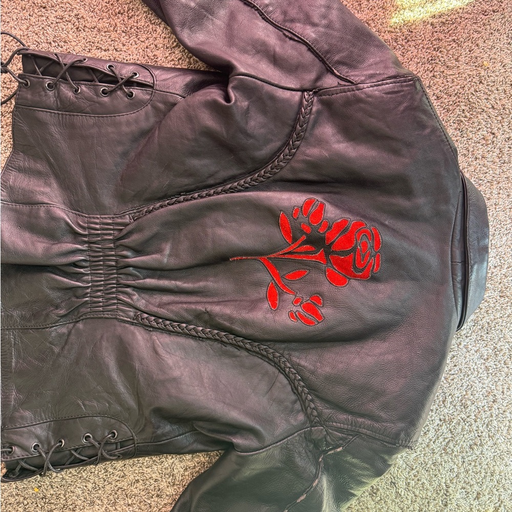 Embroidered Black Leather Jacket - Picture 9 of 10
